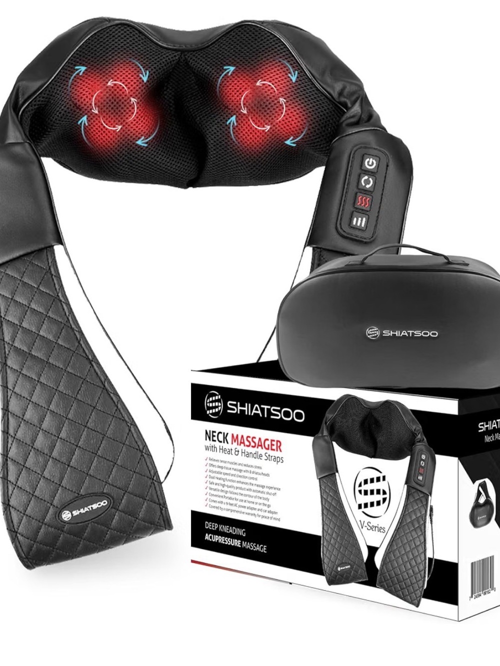 Black Heated Shiatsu Neck Massager with Adjustable Straps